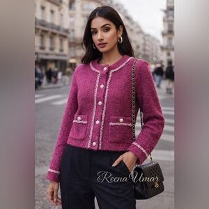 Fuchsia Bouclé Tweed Jacket with Pearl Buttons